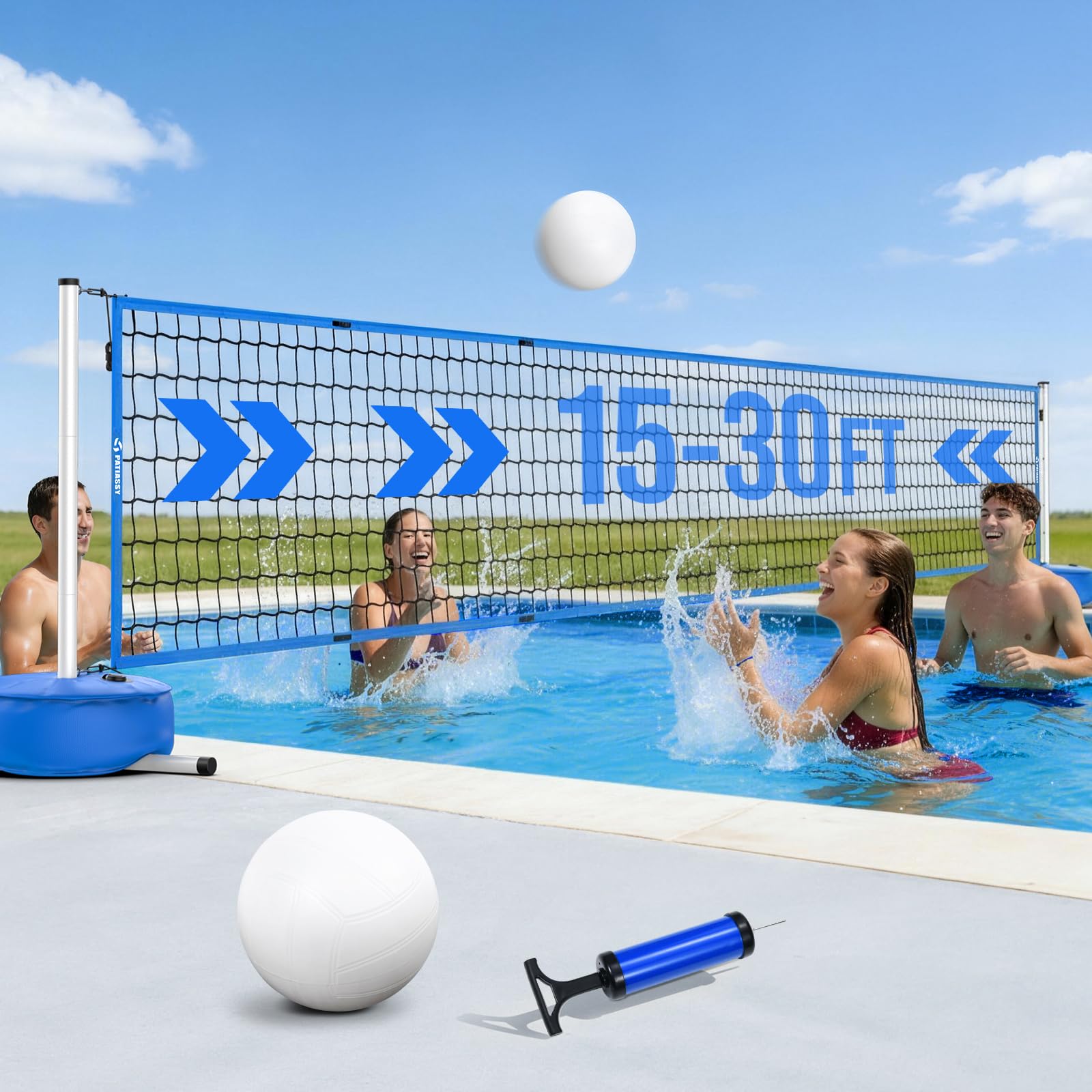 Swimming Pool Volleyball Net Set with Weighted Base, Adjustable Width 15-30 Feet, Indoor Outdoor Net System for Pools, Suitable for Water Games, Garden, Beach and