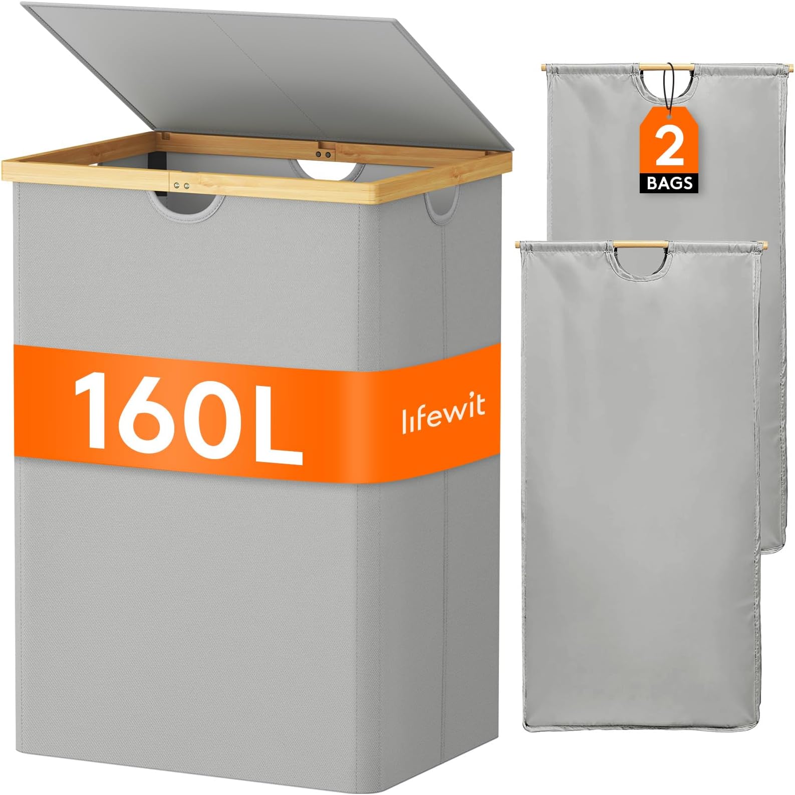 Lifewit 160L Double Laundry Hamper with Lid, Extra Large Bamboo Laundry Basket Dirty Clothes Hamper, 2 Section Laundry Bin Organizer for Laundry Room Bedroom with 2 Removable Liners & Bags,Silver Gray