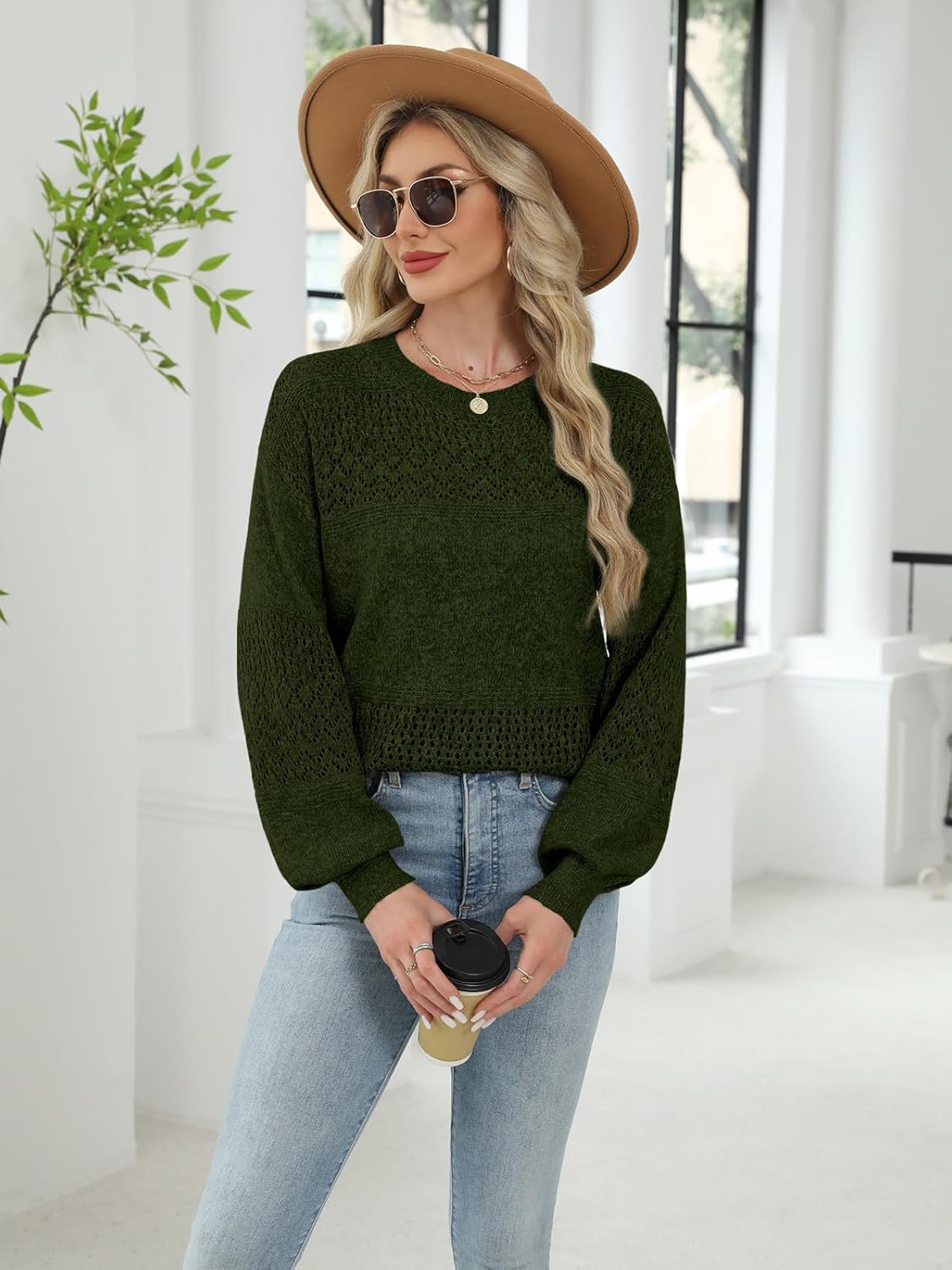 Lylinan Womens Sweaters Casual Boho Long Sleeve Shirts Crewneck Lightweight Crochet Tops Pullover Knit Sweater - Image 3