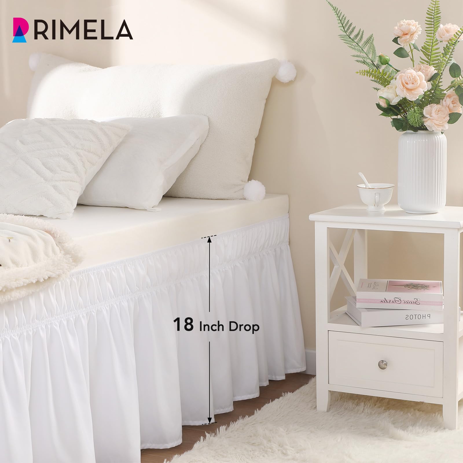 RIMELA Bettvolants Stoff Elastischer Bettrock Soft Brushed Mikrofaser Weiß Betthusse (90 x 200 x 45cm)