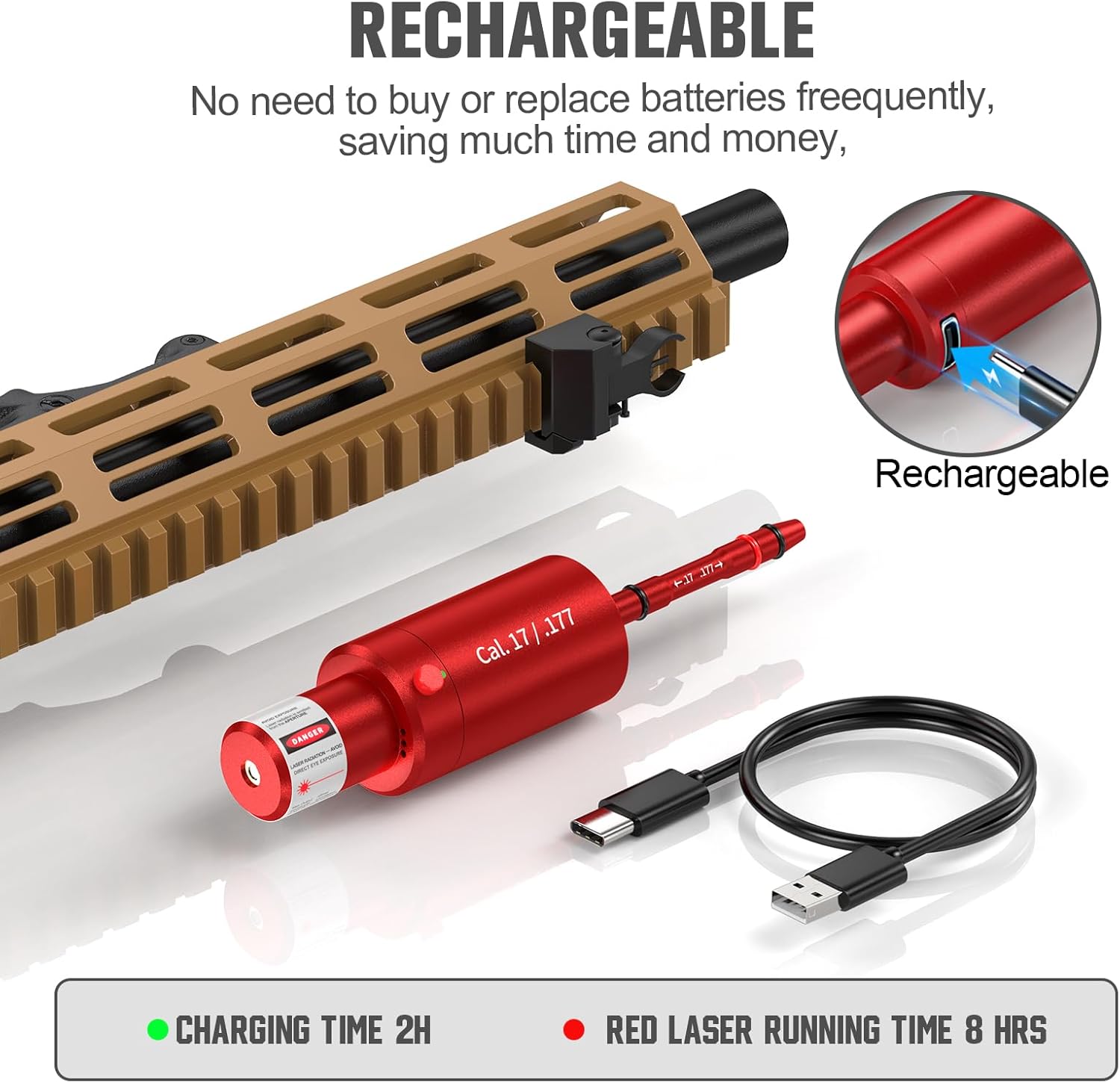 2-in-1 .17 / .177 Laser Training Cartridge w/Bore Sighter for Dry Fire Training System - Red/Green Laser Bullet w/Bore Sighting for Shooting Practice & Sight Calibration, Rechargeable