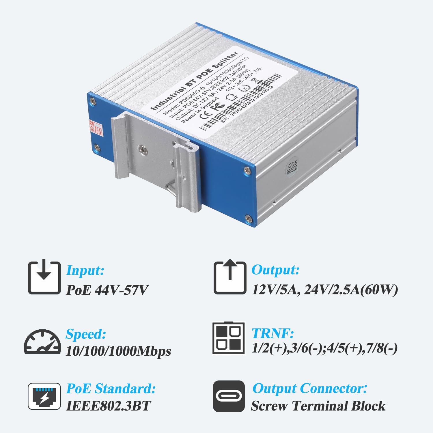 Industrieller 60 Watt Gigabit BT PoE Splitter auf DC 12V/24V Leistungsausgang, 10/100/1000Mbps IEEE802.3BT, für Nicht PoE Geräte bis zu 100 m, Plug and Play (PD6005G-B)