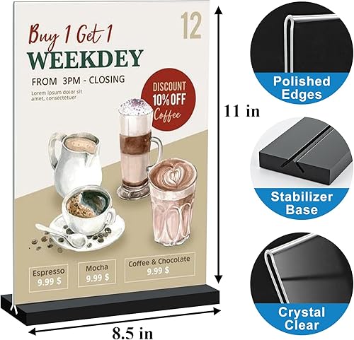 Miniatura 2 de Soporte de letrero acrílico de 8.5 x 11 pulgadas, soporte vertical de doble cara para letrero de mesa con base negra, soporte de papel de plástico
