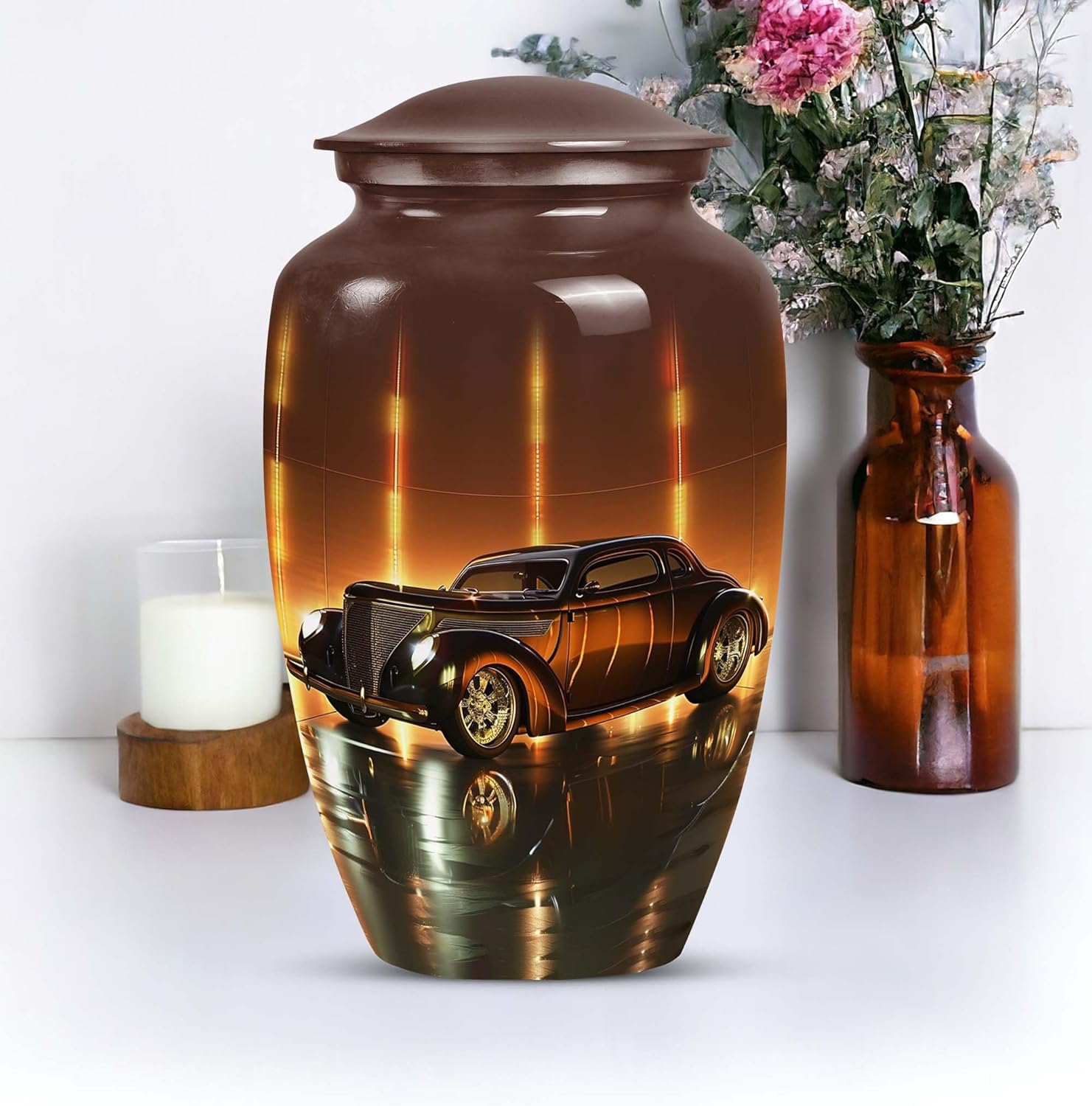 Golden Era Glow Classic Car Urn for Ashes Adult Male - Memorial Cremation Urns for Human Ashes - 10 Inch Cremation Urns for Women - Large with Velvet Bag - Decorative Large Urn Human Adult