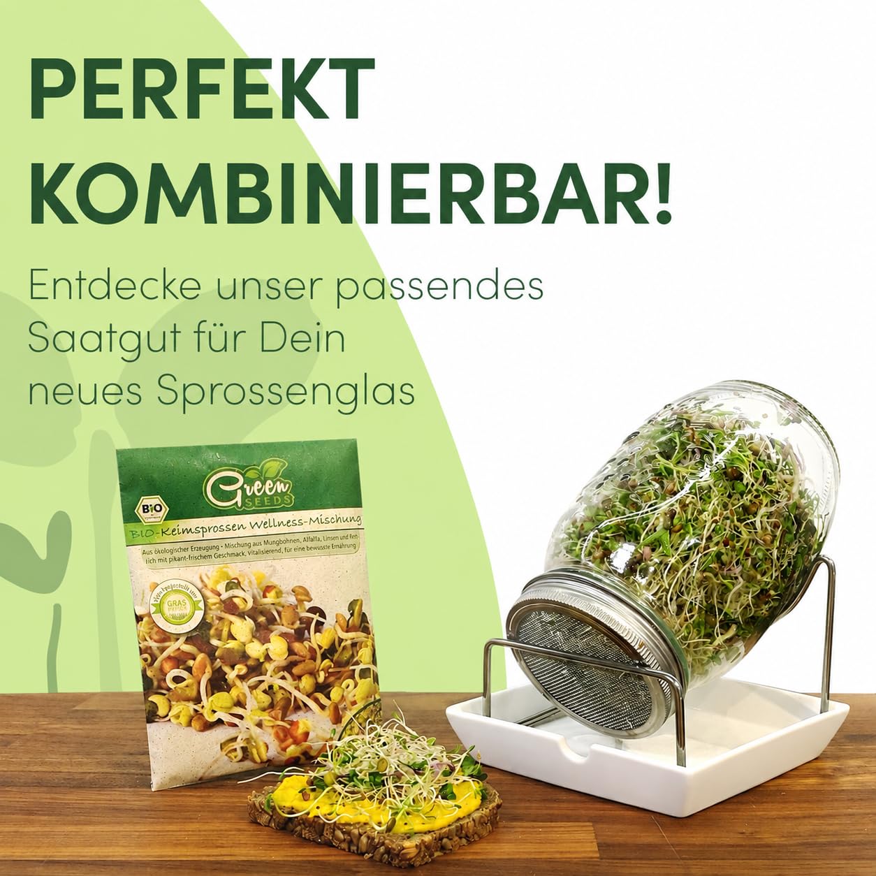 Green SEEDS Bocal à germes 2 Set de 1000ml avec Couvercle à Grille en Acier Inoxydable de Haute qualité, Support, Bol en céramique + ABC des germes Gratuit [E-Book]