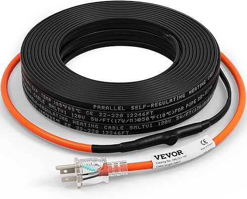 Miniatura 20 de VEVOR Cable de calefacción de tubería autorregulable, cinta térmica de 3 pies y 5 W/pies para protección contra congelación de tuberías, cable