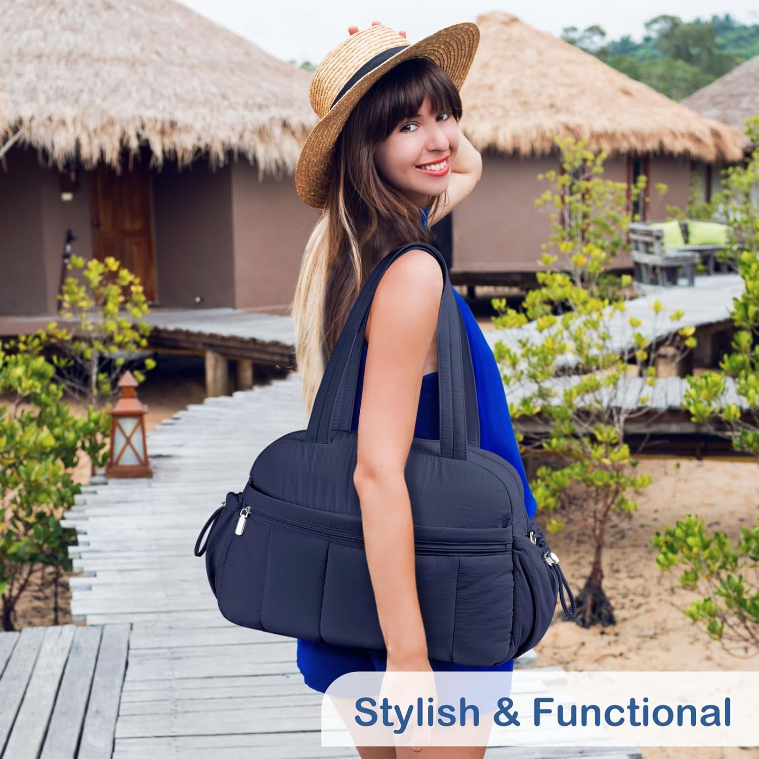 TOPDesign Travel Duffel Bag for Women, Puffer Gym Bag Sports Tote with Wet Pocket, Carry On Weekender with Luggage Sleeve (Navy Blue) - Image 8