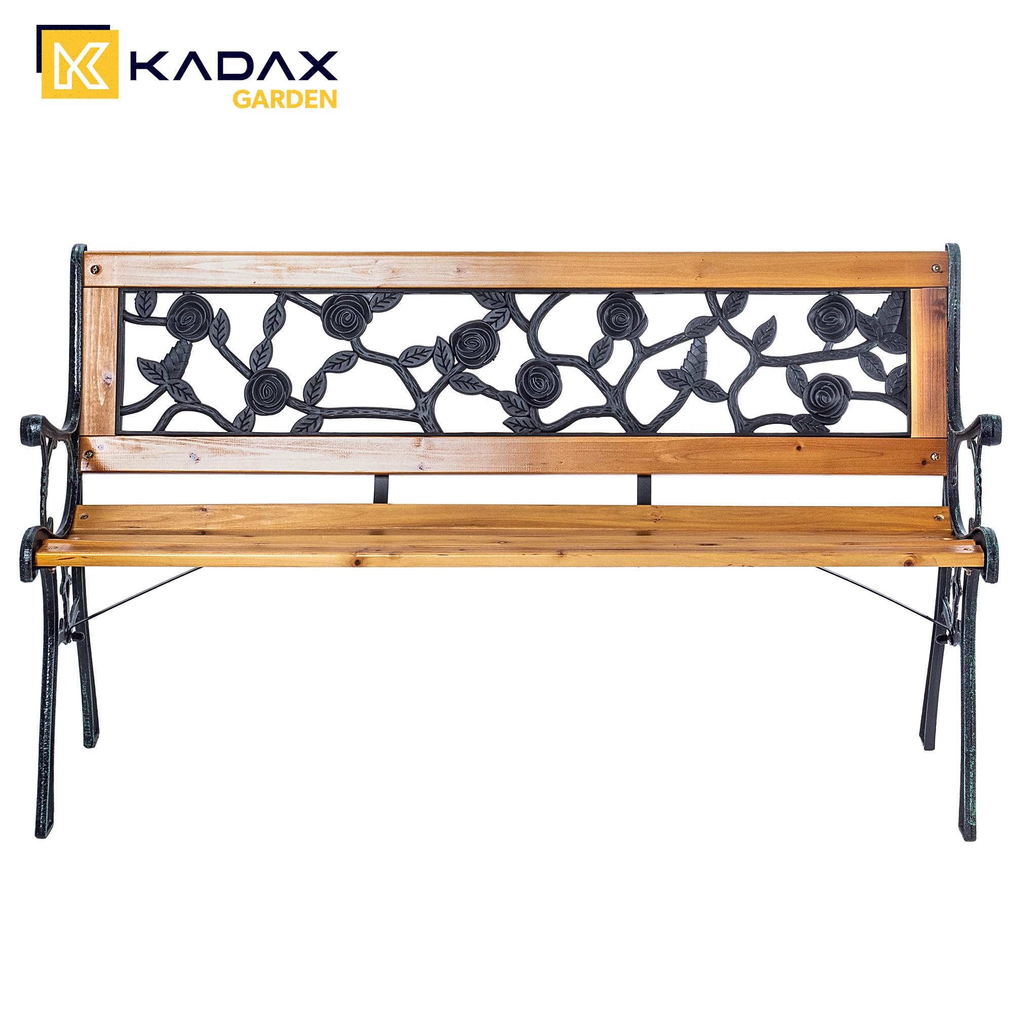 KADAX Banc de jardin en bois et fonte 2 places avec accoudoirs et dossier, banc de parc, banc extérieur pour balcon, jardin, terrasse (marron/motif rose)