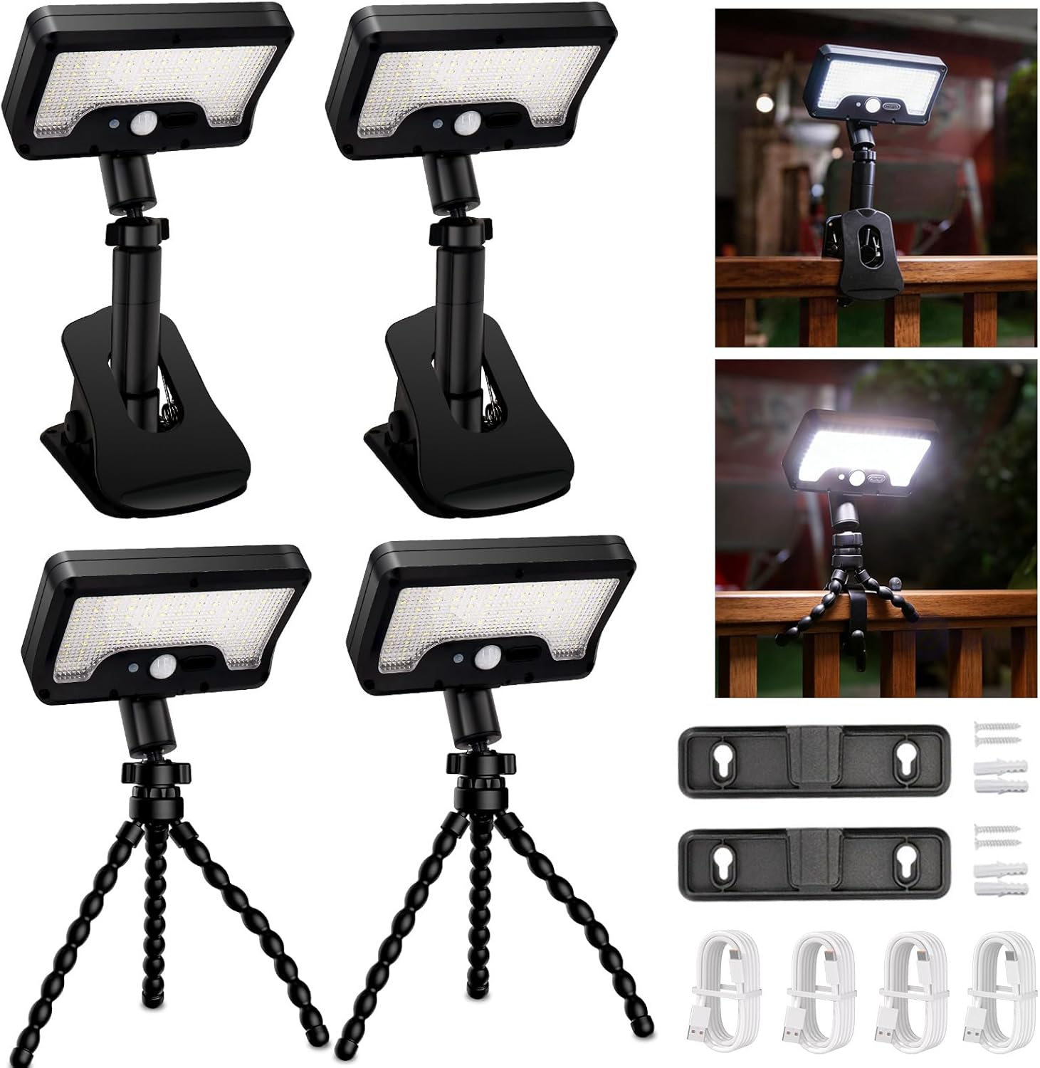 3 in 1 Clip on Solar Lights Outdoor with Motion Sensor, 4 Pack 360°Rotatable Solar Fence Light with Waterproof IP65, 92 LEDs, 600LM, 6000K Security Light for Outside Fence Garage Gutter Camping