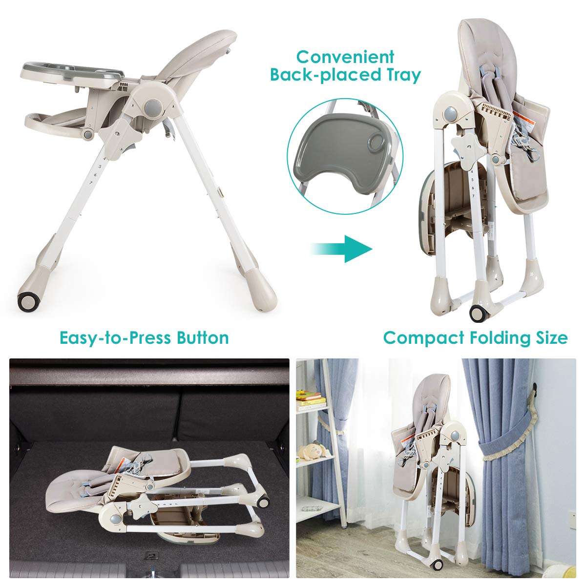 BABY JOY Convertible High Chair for Babies & Toddlers, Height Adjustable, Grow & Go High Chair w/Recline & Footrest, Removable Double Tray, Portable Baby Dinning Chair with Wheels (Gray)
