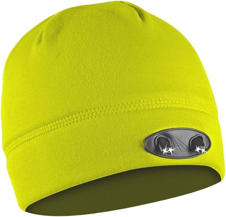Huggabe LED Beanie Hat - 4 Ultra Bright Lights - Luxury Compression Fleece - High Visibility Yellow - Hands Free and Warm Lighted Hat Makes Path Visible up to 42 Feet Away