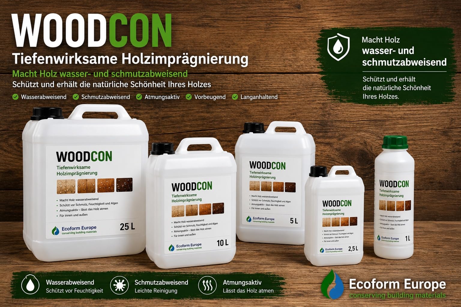 Woodcon Holzversiegelung | Holz und Multiplex wasserabweisend machen | Holzschutz | ergiebig | kein Mattglanz | überstreichbar | 1 liter