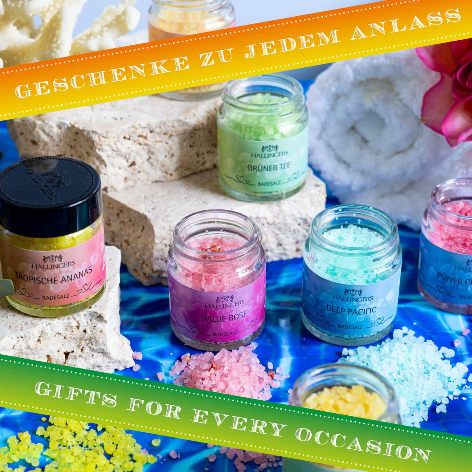 Hallingers Genuss Manufaktur Badesalze Weihnachts-Geschenk-Set - 12x Badezusatz mit Totes Meer Badesalz edle Geschenkbox, Badekristalle Fußbad & Spa ""Gutes Neues Jahr"", Weihnachten für Frauen Männer