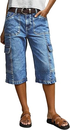 Flamingals High Waist Straight Leg Capri Jeans for Women Cargo Summer Baggy Wash Flap Pocket Denim Crop Jeans
