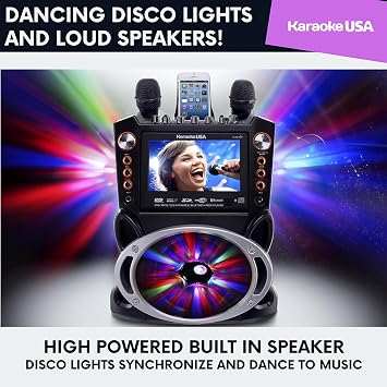 Karaoke Machine with Lyrics Display 7 Screen. CD+G, DVD, MP3+G, MP3, CD & USB. Wireless Bluetooth Speaker with LED Disco Lights. Includes 2 Wired Microphones and 2 Bonus Karaoke Discs By Karaoke USA