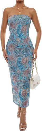Rooscier Women's Strapless Long Dress Mesh Bodycon Summer Wedding Guest Dresses 