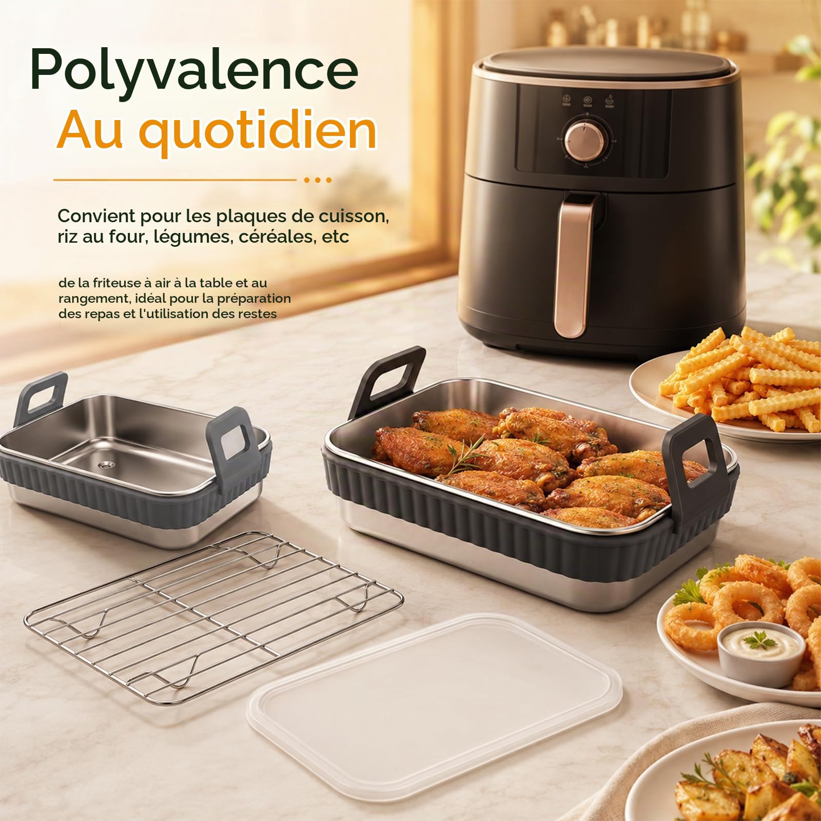 2 Plats Pour Air Fryer En Acier Inoxydable, Compatibles avec Heißluftfritteuse AF400EU/AF500EU/AF451EU/DZ400EU, Plat Four Avec Couvercle Et Poignées Amovibles, Accessoire pour Airfryer, Sans BPA