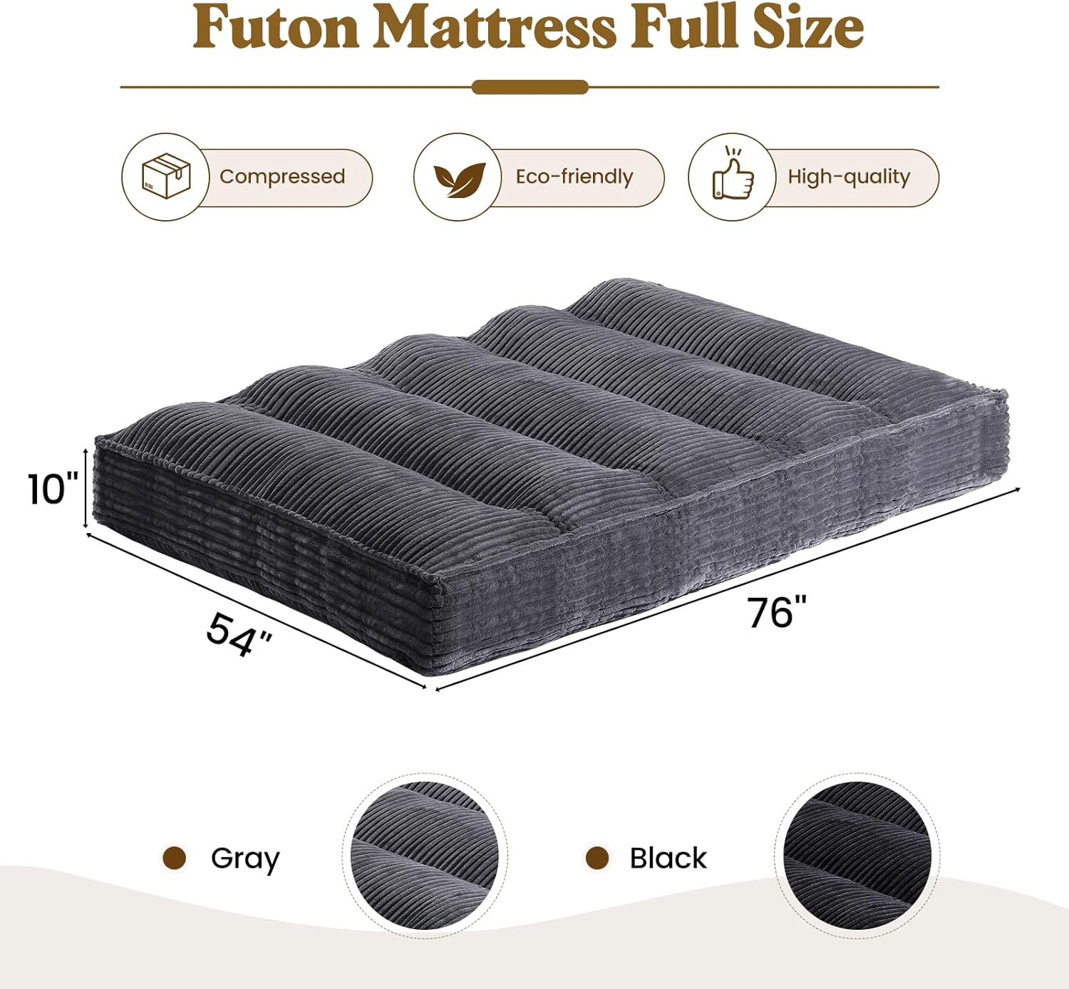10" Futon Mattress Full Size, Ultra Thick Futons Sofa Couch Bed Sleeper Sofa Bed, Versatile Floor Futons Japanese Floor Mattress for Adults, Grey (Frame Not Included)