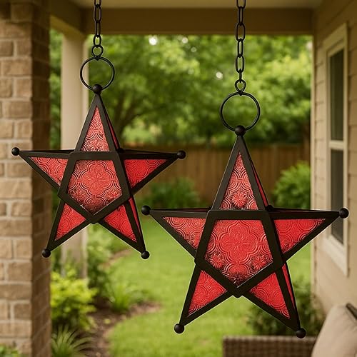 Juego de 2 faroles portavelas decorativos con forma de estrella, color rojo