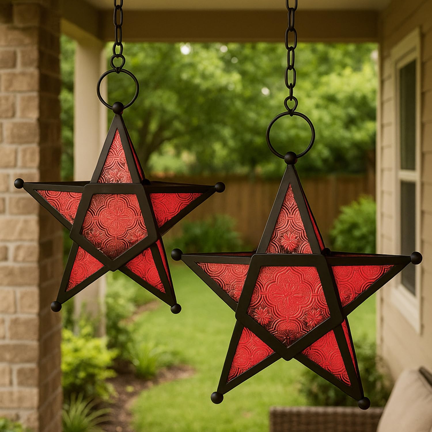 Vela Lanterns Red Decorative Hanging Star Candle Lanterns, Set Of 2