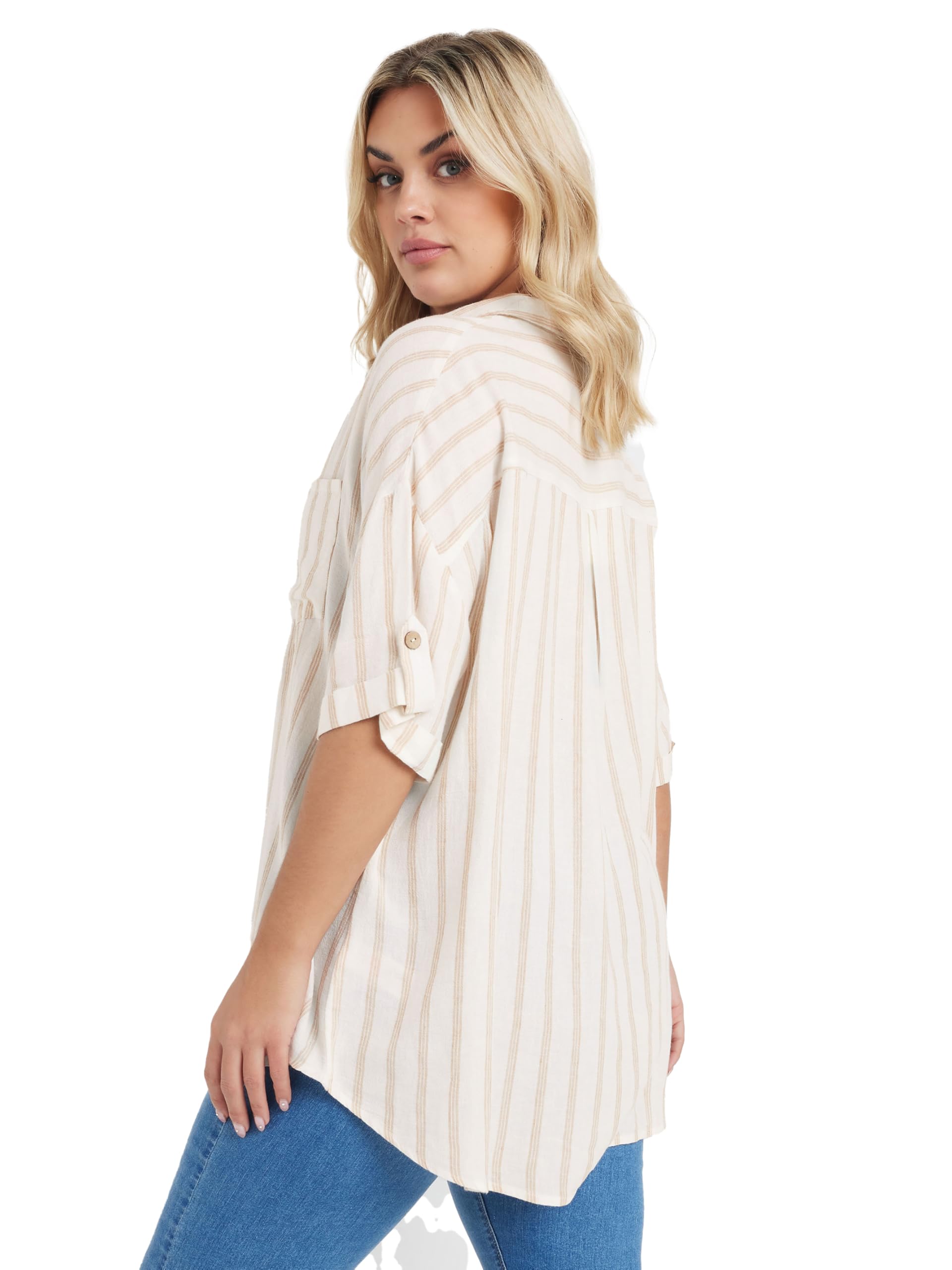 Yours Women's Cream Curve Short Sleeve Linen Stripe Shirt - Plus Curve 22-24 Plus