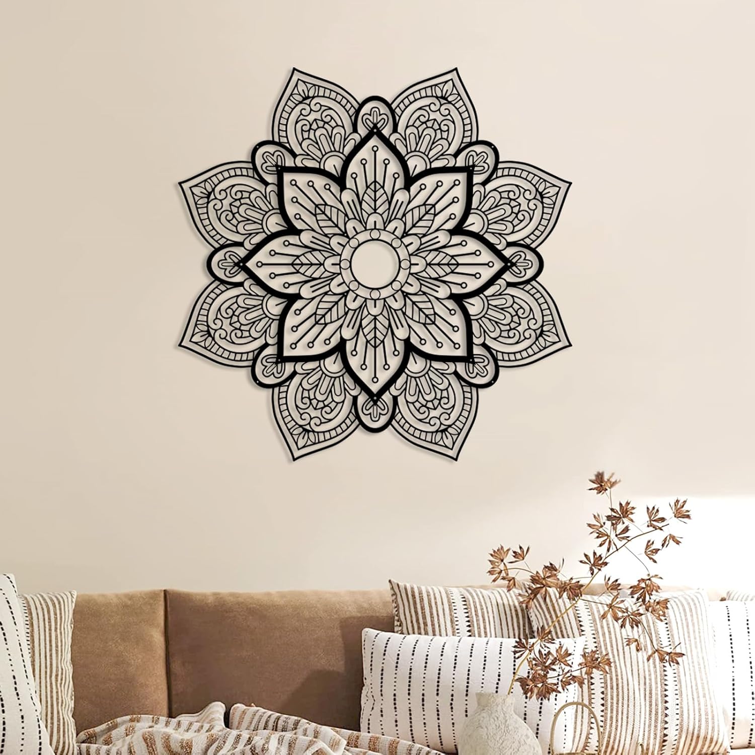 Resama Black Large Metal Round Mandala Wall Decor, Unique Lotus Flower Wall Art for Living Room Bedroom Bathroom Corridor Home room and Office decoration