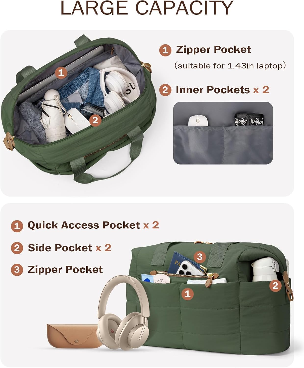 Tuwubi Travel Duffel Bag, Puffer Gym Bag for Women Weekender Overnight Bags, Carry On Luggage Tote Hospital Bag for Women Labor Delivery with Toiletry Pouch(Forest Green, L)