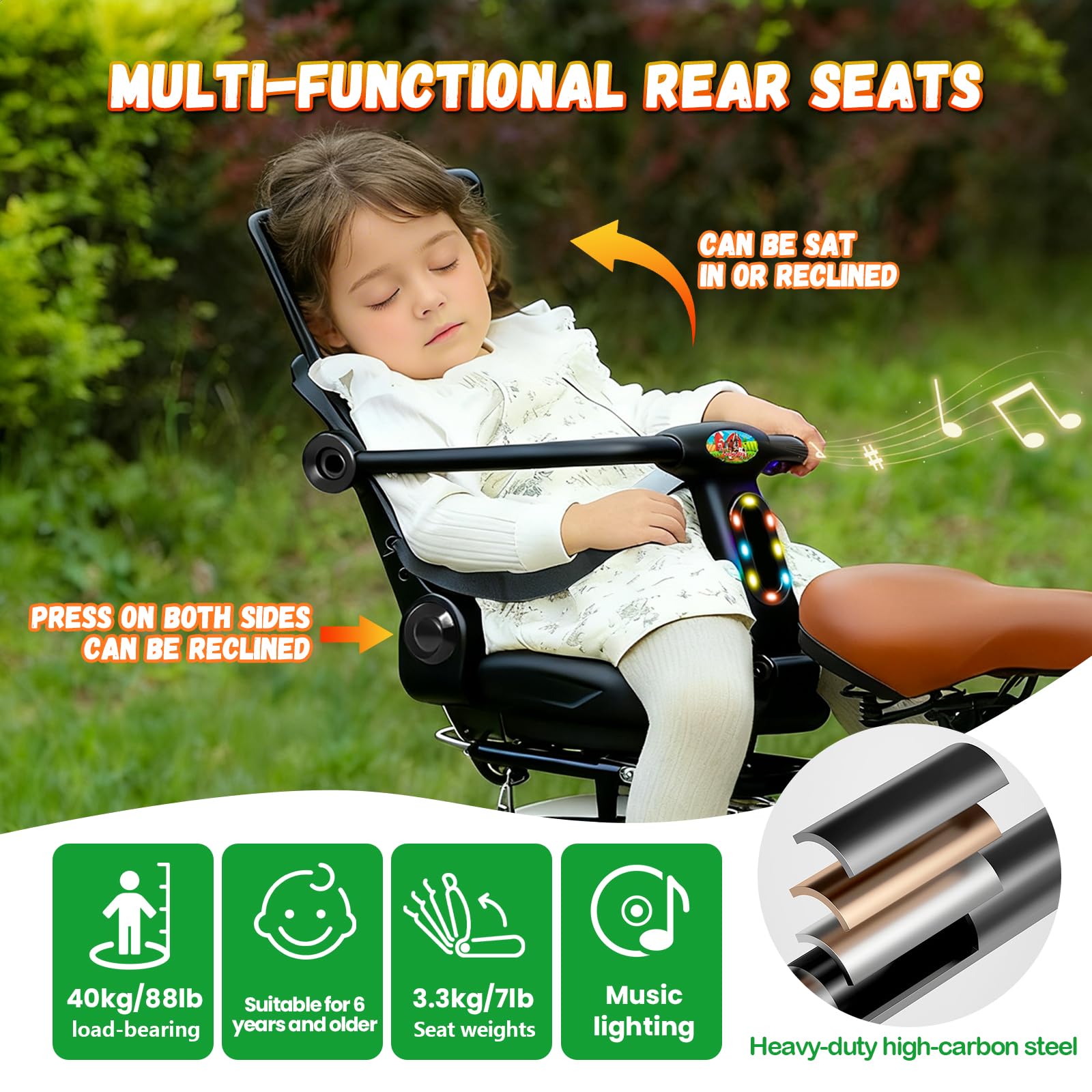 auvstar Seggiolino Bici Posteriore,Seggiolino Posteriore per Bici con Cintura di Sicurezza,Cuscino Seduta in PU con Sponda di Protezione Schienale e Poggiapiedi,Adatto per Sedersi o Sdraiarsi Nero