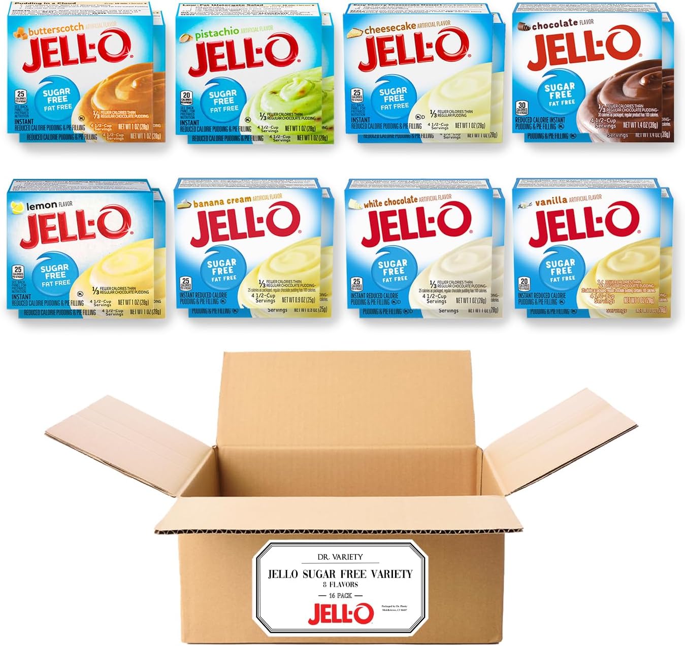 Jello Sugar Free Pudding Mix Instant - Dessert Flavor Variety Pack (8 Flavors, 16 Boxes) - Fat and Sugar Free Jello Pudding Mix & Pie Filling - Includes Cheesecake, Banana Cream, and more - By Dr. Variety