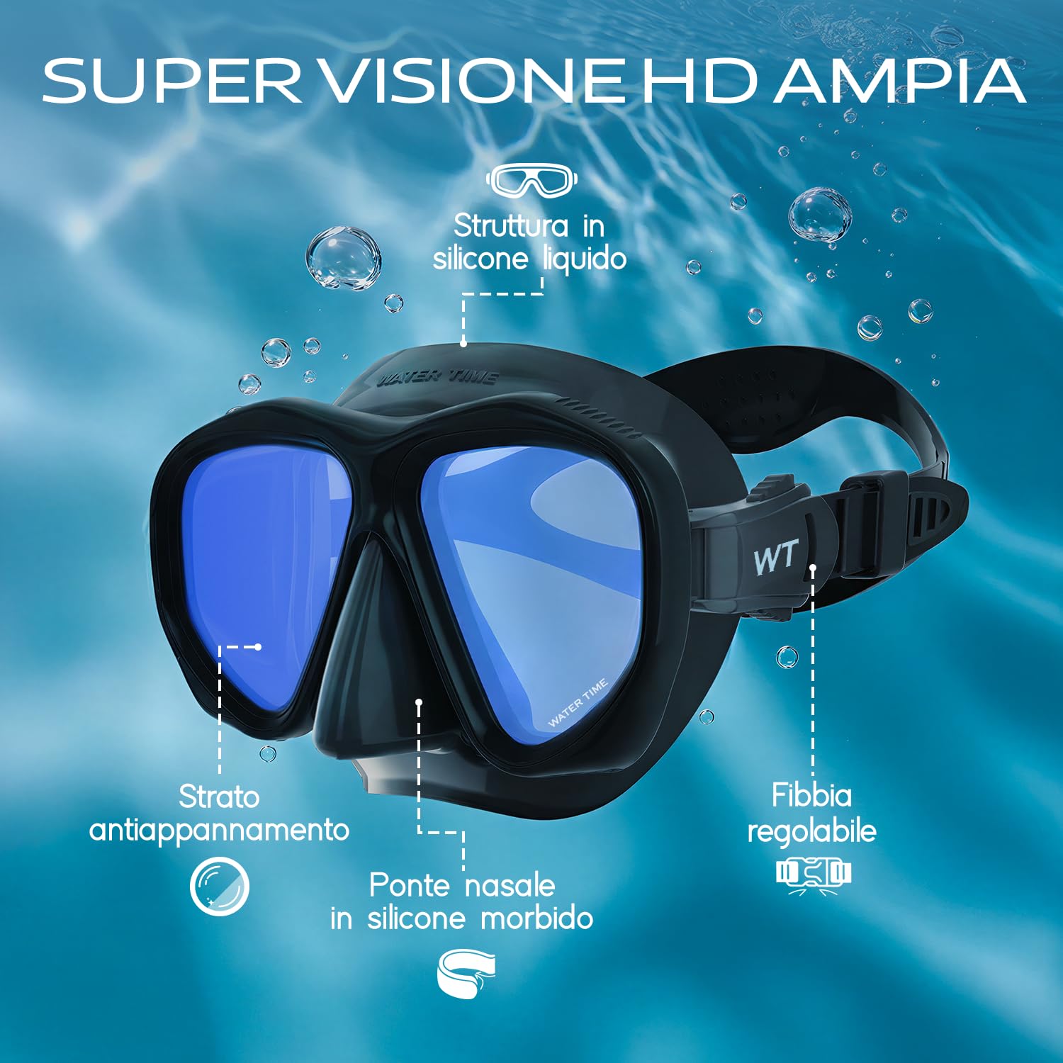 Jinlan Máscara Buceo – Montura Grande, Antivaho Integrado, Lente REVO, Protección UV, Falda de Silicona Suave Adultos