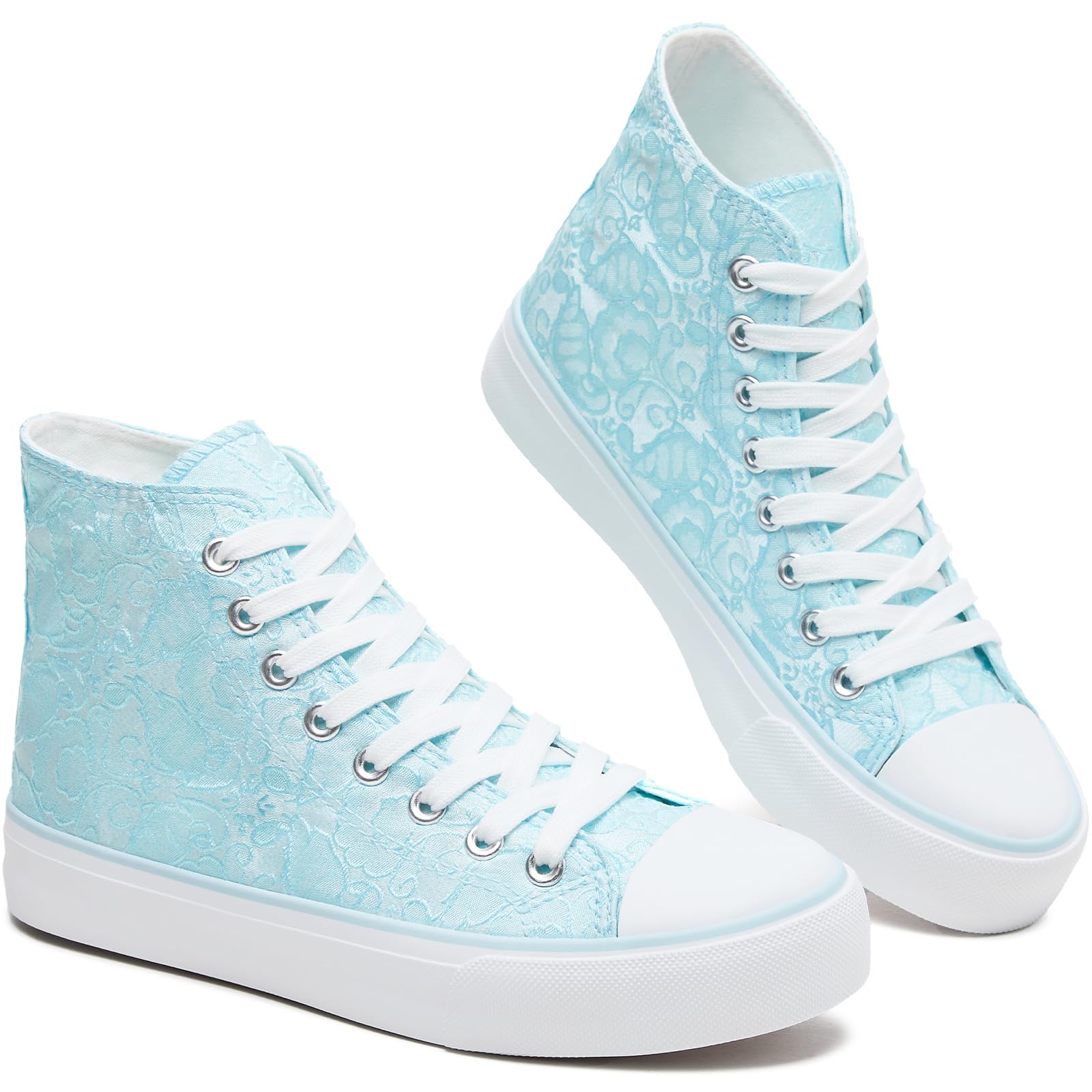 BENPAO Women's High Top Canvas Sneakers, Floral Embroidered Fashion Tennis Shoes - White Breathable Casual Walking Shoes