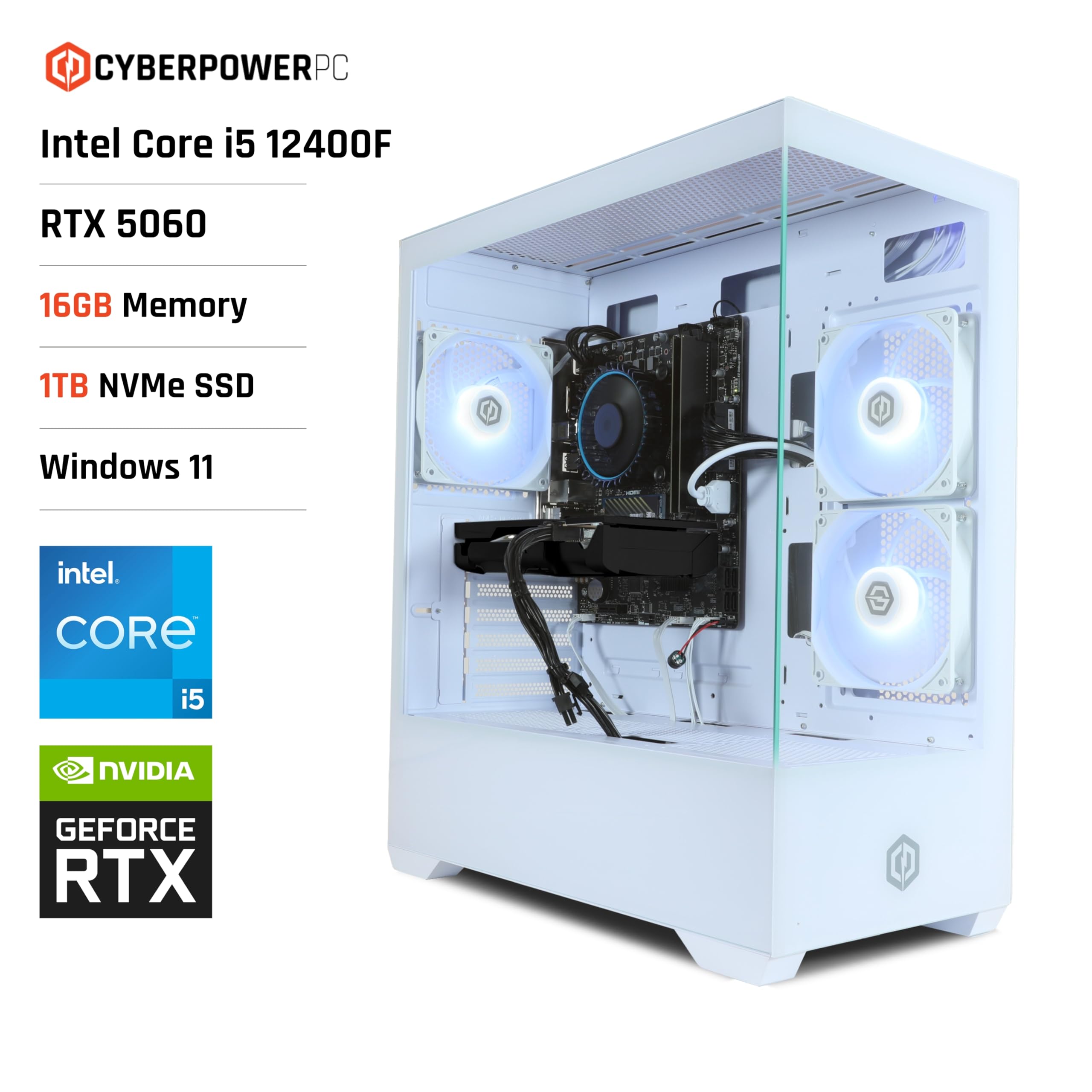 CyberPowerPC Wyvern Gaming PC - Intel Core i5 12400F, Nvidia RTX 5060, 16GB RAM, 1TB NVMe SSD, 650W PSU, Wi-Fi, Windows 11, Prism Panoramic White