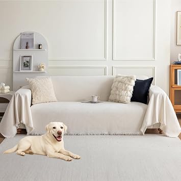 Deep Dream Chenille Sofa Cover, Couch Covers for 3 Cushion Couch, Washable Slipcovers for Sectional l Shaped Dogs Protector Furniture Covers 71" x 102", Beige