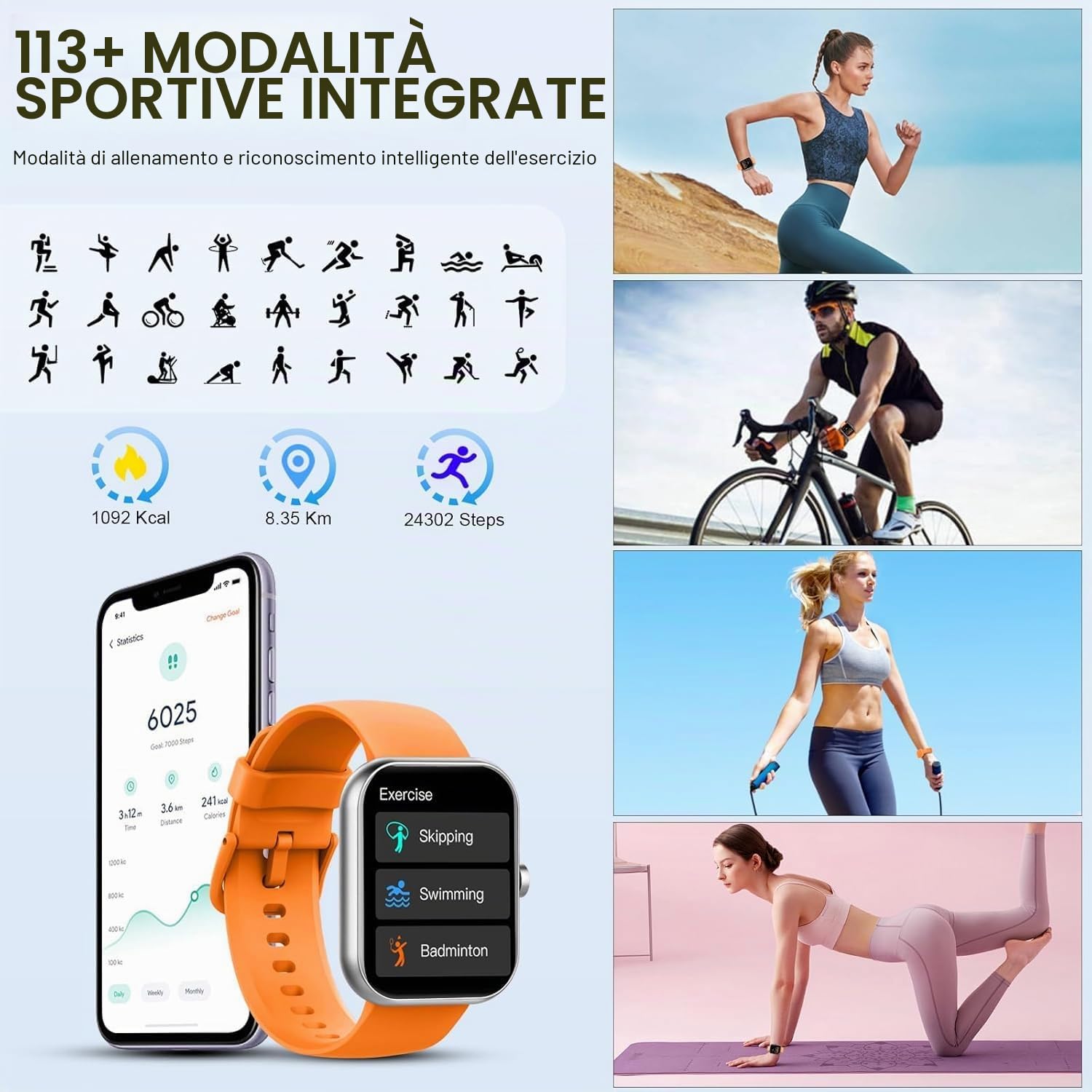Jugeman Smartwatch Uomo Donna Chiamate Bluetooth, 1.96'' Orologio Smartwatch con Cardiofrequenzimetro/Contapassi/Sonno/SpO2, 113+ Sportive Smart Watch IP68 Impermeabile Fitness Tracker per iOS Android