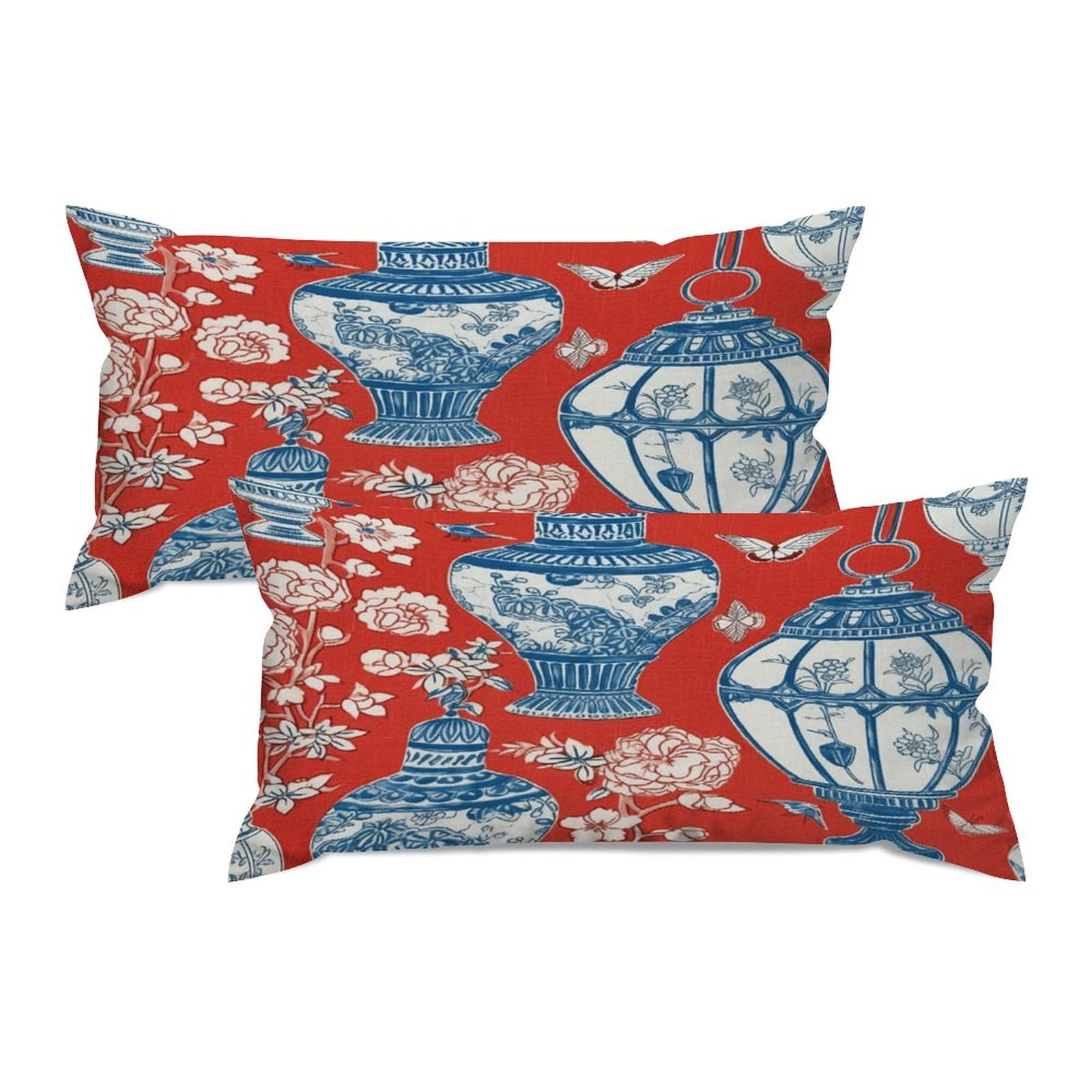 Rebbygena Set of 2 Blue Ginger Jar Chinoiserie Inspired Asian Inspired Bright Decor Pillow Covers 12x24in Farmhouse Linen Cushion Covers Outdoor for Couch Chair Home Decor for Family Friends