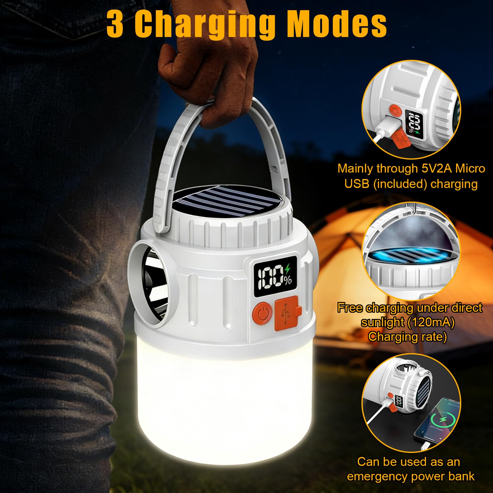 Lanterne Solaire de Camping, Lampe Camping Rechargeable Solaire pour Eclairage Extéieur, Portable Lampe de Camping Imperméables IP54, pour Camping,Excursions, Secours, Pêche, Cave