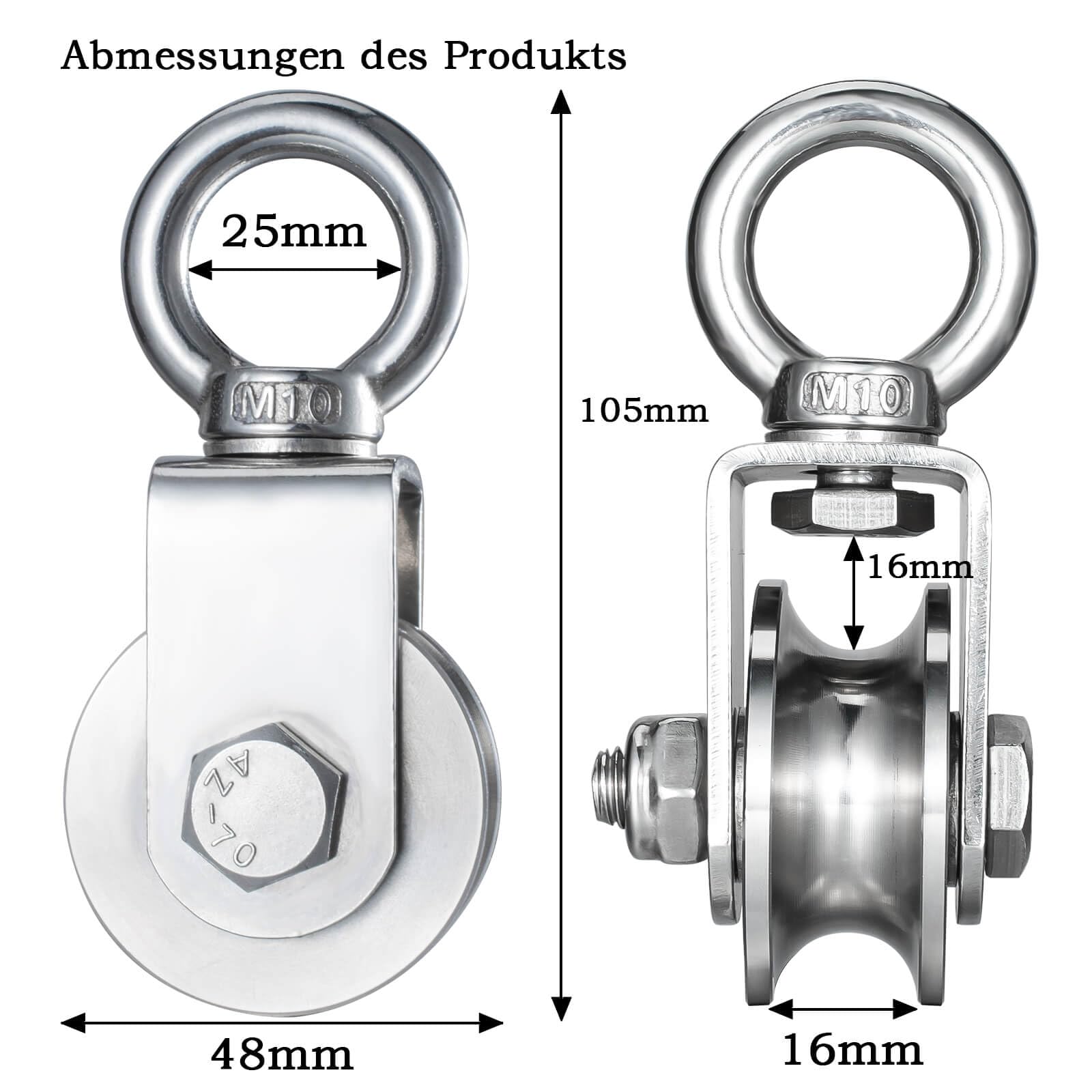 Umlenkrolle mit 2 Kugellager, Edelstahl Flaschenzug mit 10m/8mm Nylonseil, Tragfähigkeit 500 kg