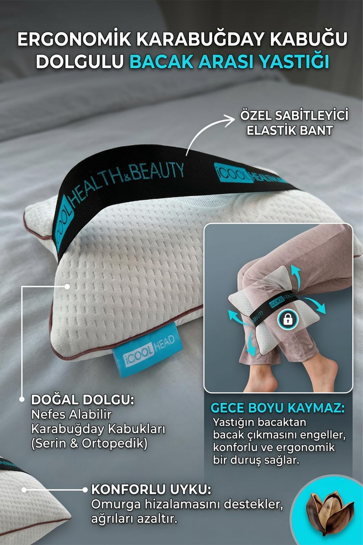 iCool Head Ortopedik Bacak Arası ve Diz Arası Yastık – Doğal Karabuğday Kabuğu Dolgulu, Nefes Alan OEKO TEX Sertifikalı Kumaş, Yan Yatanlar ve Hamileler İçin Uyku Desteği