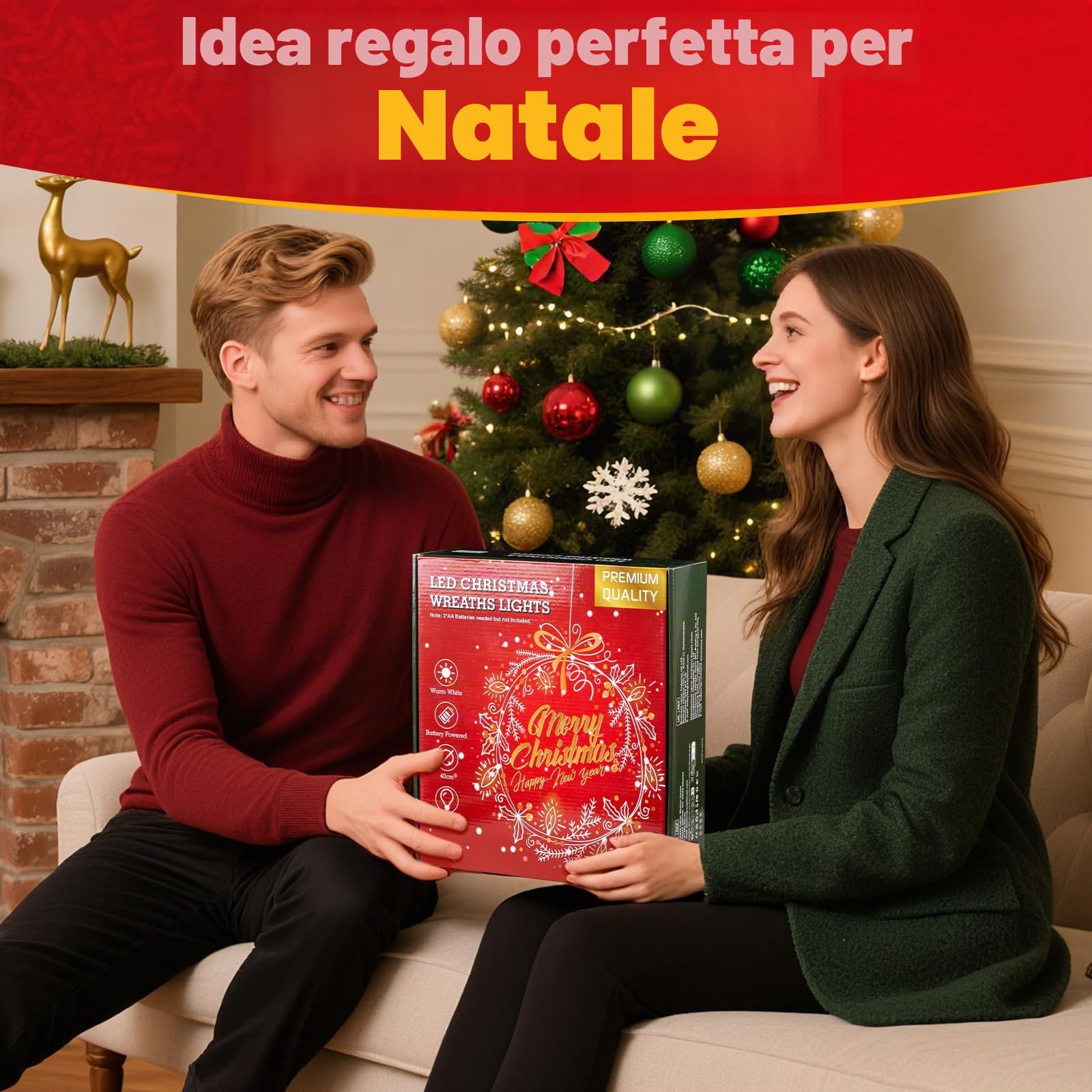 GlobaLink Ghirlanda natalizia da 40 cm, con 40 LED Adornos Navideños Regalos Corona de Navidad de 40cm, 40LED, Christmas Door Wreath Navidad Corona para Chimeneas, Ventanas, Puertas, Paredes-Piña