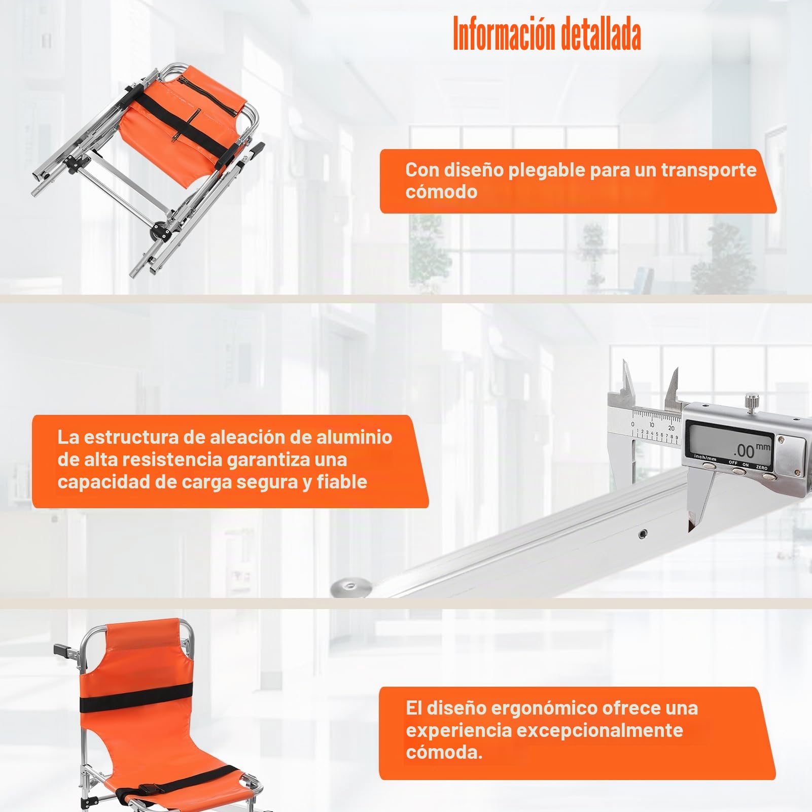 Silla de evacuación, silla de escalera de aleación de aluminio, ligera, plegable con cierre rápido, silla de evacuación para ambulancia bombero (naranja)