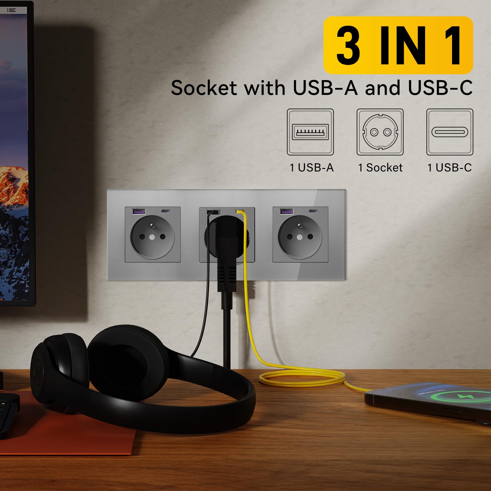 Prise Murale avec USB et 1 Type C PD 20W,16A Normes Françaises Prise Electrique Encastrable,Facile à Installer,Panneau en Verre Cristal, 228 * 86mm,Gris
