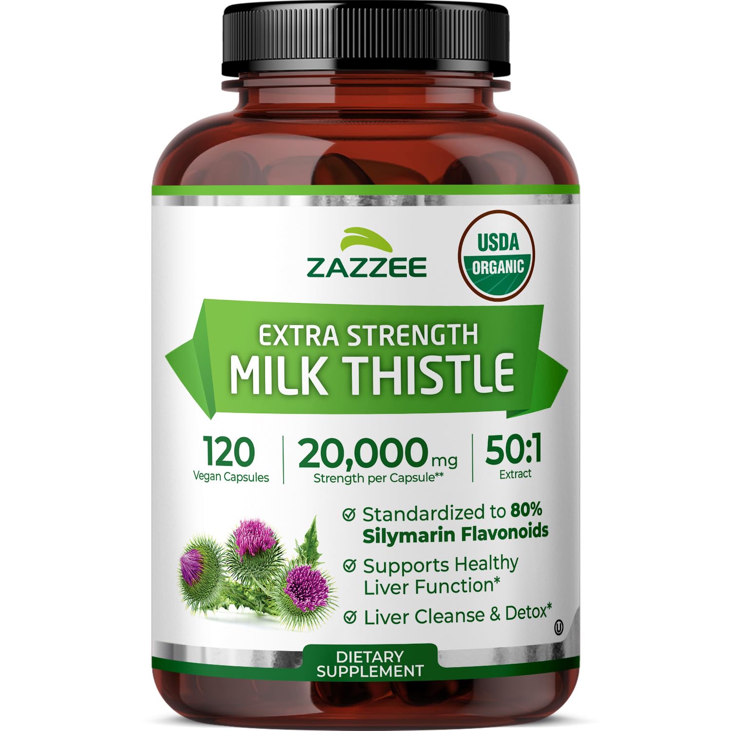 Zazzee USDA Organic Milk Thistle 50:1 Extract, 120 Vegan Capsules 120 Count (Pack of 1)