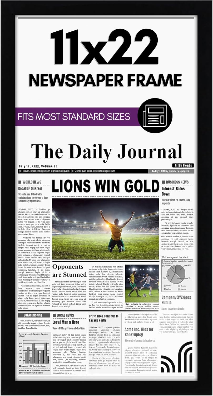 Americanflat 11x22 Newspaper Frame with Polished Plexiglass - Display for Assorted Media Articles - Signature Collection - Modern Picture Frame for Wall Display - Black