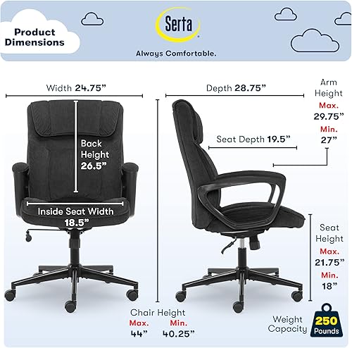 Miniatura 3 de Serta® Hannah Silla Ejecutiva para Oficina en Casa, Ergonómica con Respaldo Medio y Soporte Lumbar, Cojín de Asiento Firme, Almohadas de Cuerpo en
