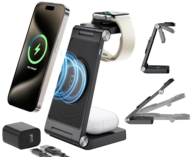 Magnetic Wireless Charging Station 3 in 1 Fast Max Charging for Smartphone Watch TWS - Space-Saving Multi-Device Stand