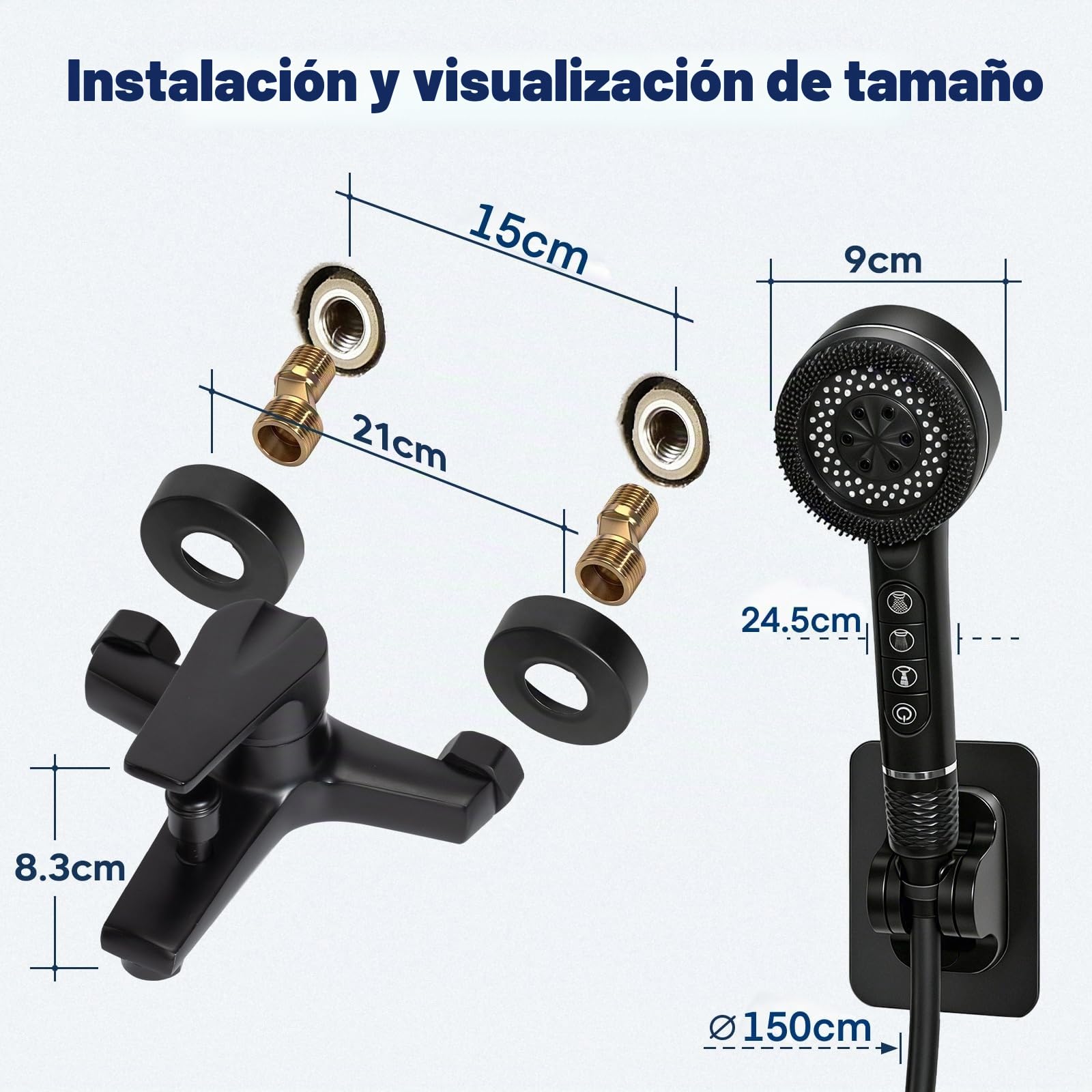 Grifo de Bañera con 4 Funciones Alcachofa de Mano Grifo Bañera Mezclador Monomando en Pared Grifería para Bañera con 1,5M Manguera y Soporte Mezclador de Baño (Negro Set)