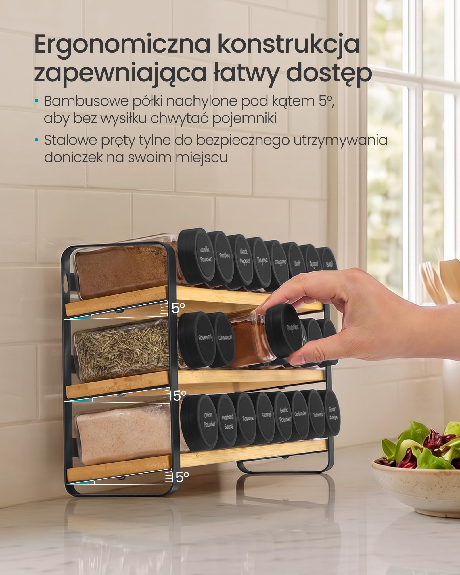 SONGMICS Stojak na przyprawy, 3 poziomy, 24 słoiki na przyprawy, organizer na przyprawy, organizer do szafki kuchennej, stojak na przyprawy z etykietami, lejek, marker i pędzel
