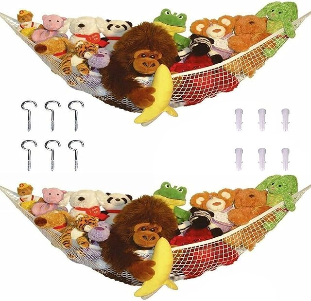 2Pcs Toy Net Hammock - Soft Toy Net Storage Hammock for Stuffed Animals and Teddy - Strong Quality Elastic Large Mesh Toys Holder Net Organiser for Toy, White, Blue and Red (White)