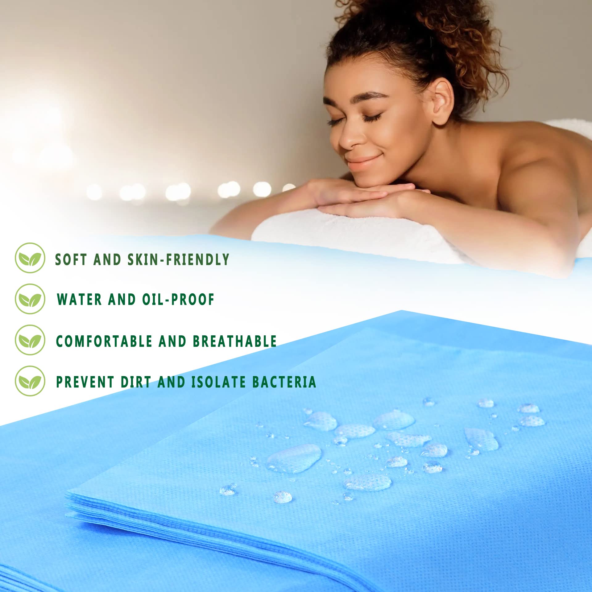 Sábanas desechables de 31 x 71 pulgadas para mesa de masaje, impermeable, tela suave no tejida, cubierta de cama de spa, transpirable, para masajes, tatuajes de belleza, 100 unidades (azul)