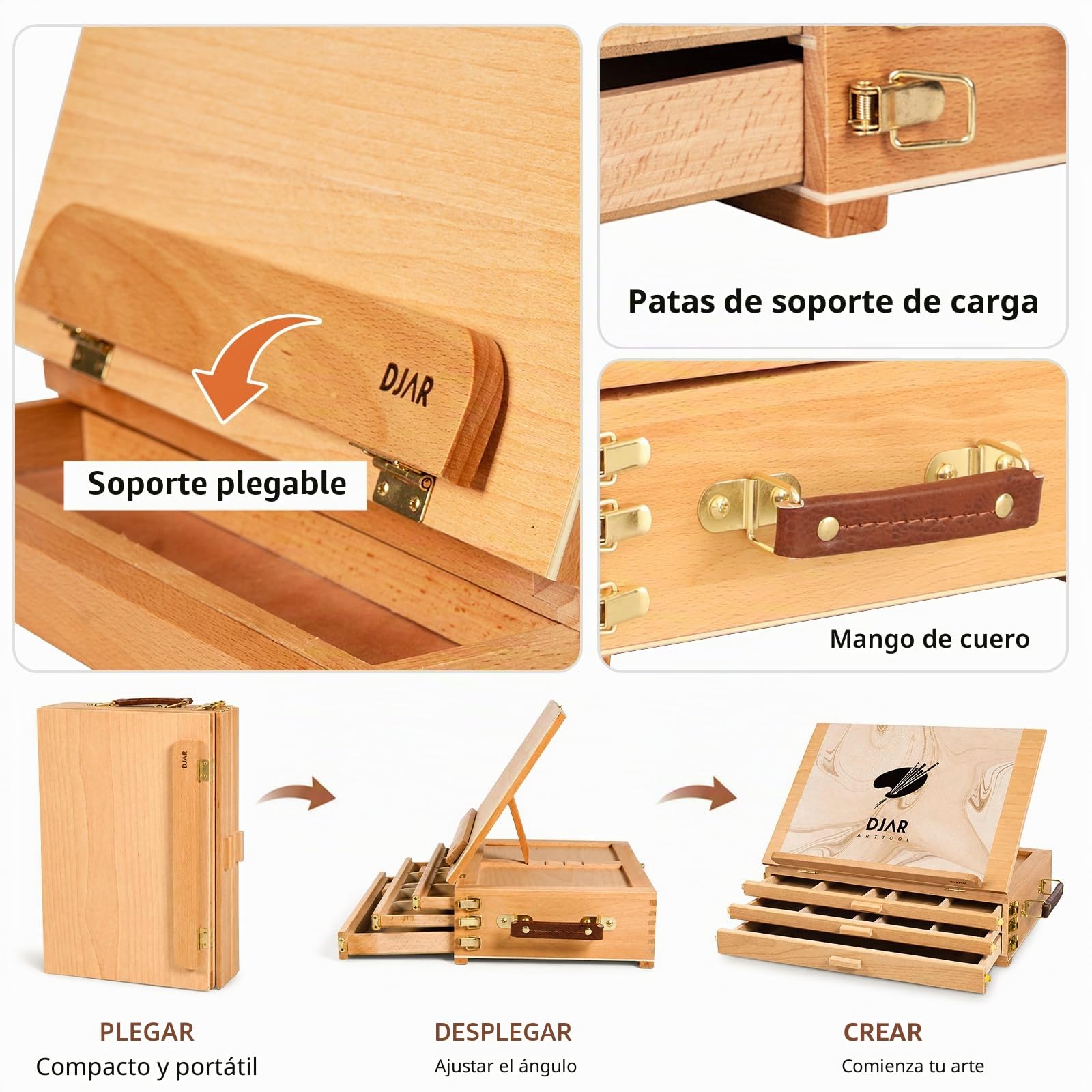 DJAR Caballete artístico de mesa con 3 cajones, portátil y ajustable de madera de haya, soporte de pintura para adultos y estudiantes